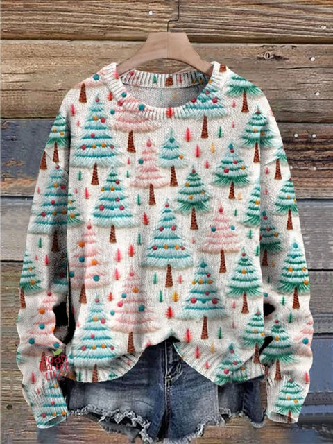 Christmas Tree Pink Colorful Print Knit Pullover Sweater