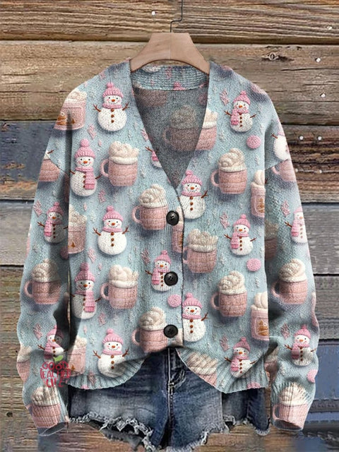 Cute Snowman Hot Cocoa Marshmallows Winter Hot Chocolate Pastel Christmas V-neck Cardigan Sweater