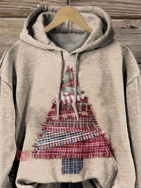 Folk Style Patchwork Christmas Tree Art Printed Casual Sweatshirt