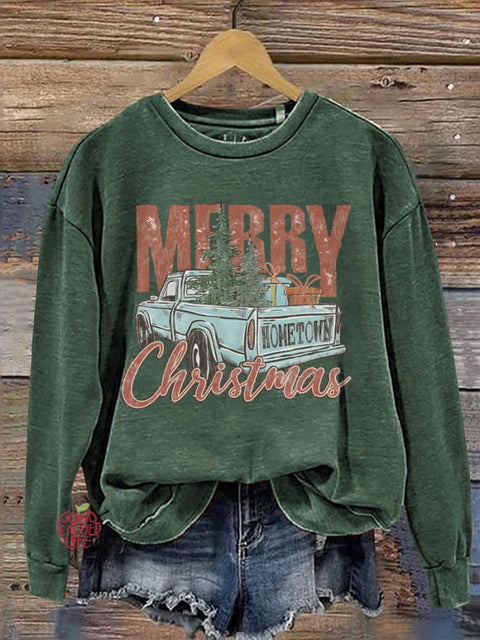 Merry Christmas Car Christmas Tree Print Casual Sweatshirt