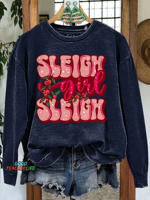 Christmas Pink Sleigh Printed Casual Sweatshirt