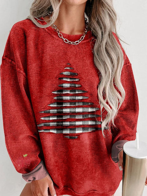 Plaid Christmas Tree Women's  Casual Print Corduroy Sweatshirt