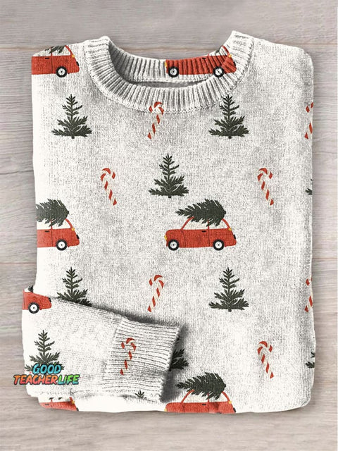 Christmas Candy cane Christmas tree Print Knit Pullover Sweater