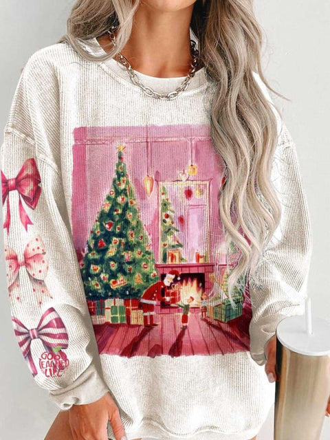 Women's Christmas Tree Santa Gift Fireplace Snowy Night Pink Casual Print Shirt