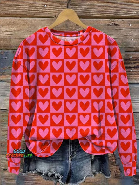 Romantic Heart Repeat Pattern Printed Casual Sweatshirt