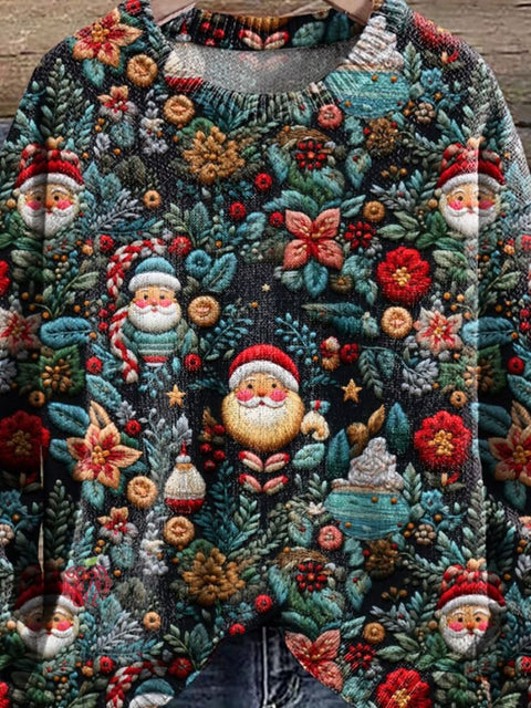 Santa Christmas Print Knit Pullover Sweater