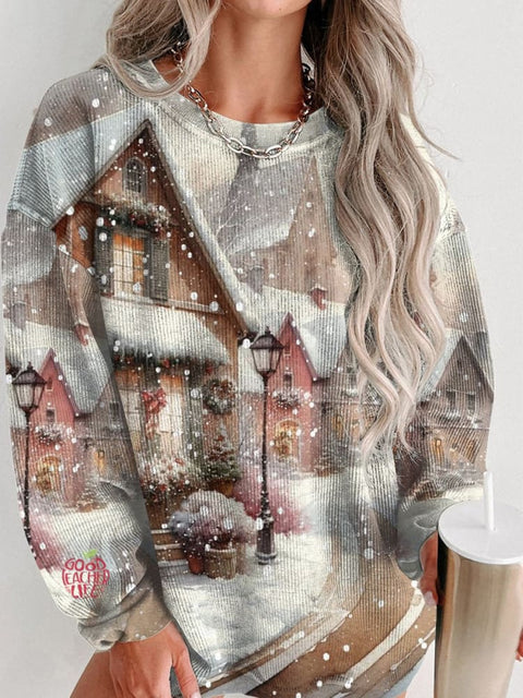 Christmas Snow Village Print Women's Casual Sweatshirt