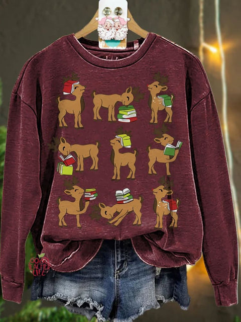 Christmas Reindeer Reading Book Lover Casual  Sweatshirt