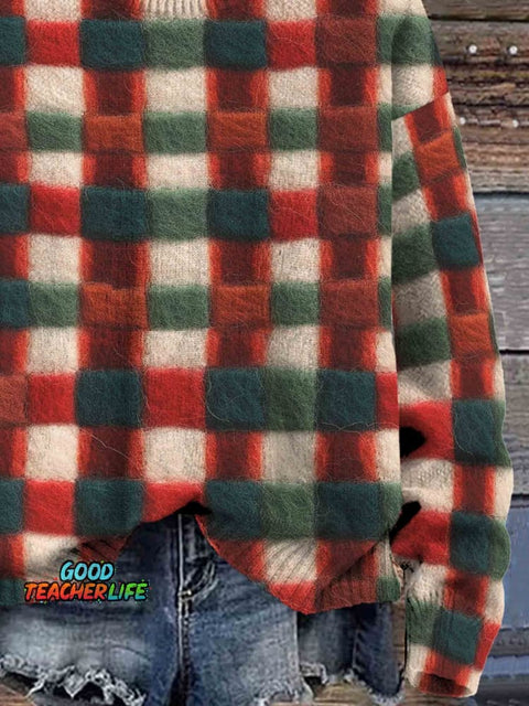 Christmas Plaid Art Print Knit Pullover Sweater