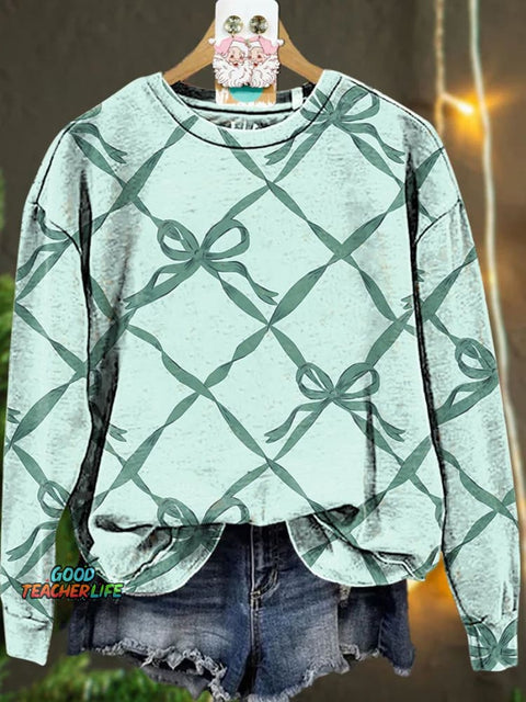 Christmas check Green bow Casual  Sweatshirt