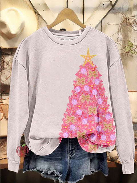 Pink Simple Christmas Tree Print Casual Sweatshirt