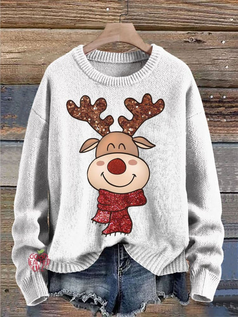 Christmas Elk Print Knit Pullover Sweater