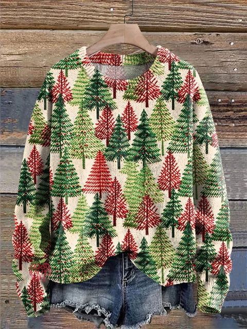 Christmas Trees Print Knit Pullover Sweater