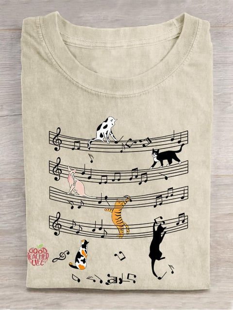 Cats And Music Casual Print T-shirt