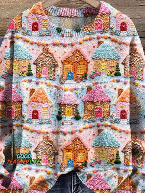 Embroidered Gingerbread Houses Christmas Holiday Print Knit Pullover Sweater