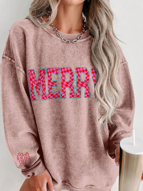 Women's Merry Christmas Checkered Letters Casual Print Corduroy Sweatshirt