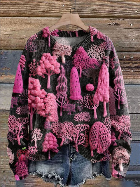 Black And Pink Tree Print Knit Pullover Sweater