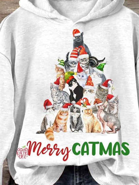 Christmas Cat Cos Christmas Tree Print Casual Sweatshirt