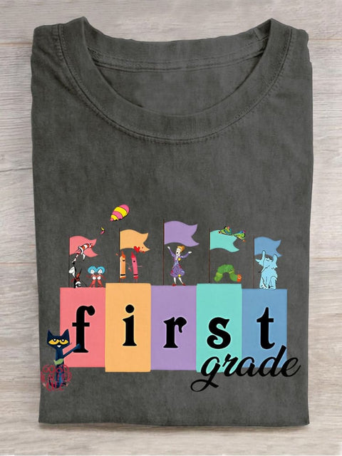 First Grade Pete The Cat Teacher Casual Print T-shirt