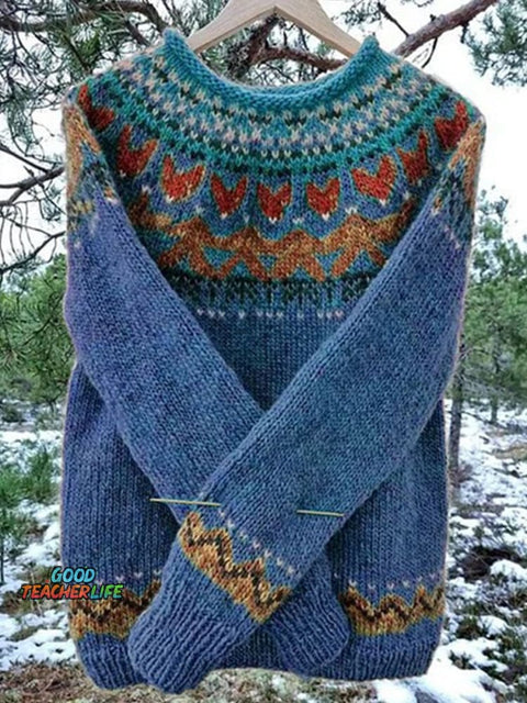 Retro Print Knit Crew Neck  Pullover Sweater