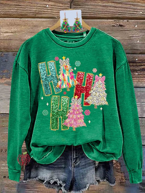 Retro Colorful Coquette Glitter Ho Ho Ho Christmas Tree Print Sweatshirt