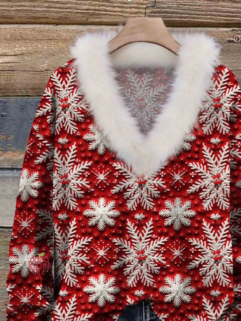 Christmas Snowflake Print Knit Pullover Fur Collar Sweater