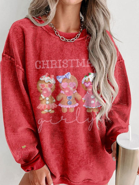 Women's Christmas Girly Gingerbread Man Casual Print Corduroy Sweatshirt