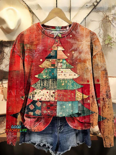 Retro Splicing Christmas Tree Snowflake Pattern Casual Sweatshirt
