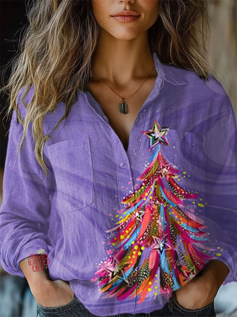 Women's  Magical Christmas Tree Print Casual Long Sleeve Comfortable Cotton Shirt