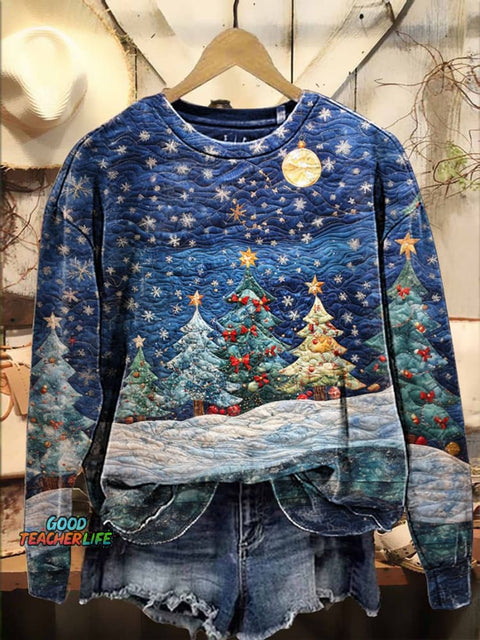Christmas Bow Christmas tree Moon Night Patchwork Casual  Sweatshirt