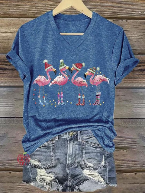 Women's Lovely Christmas Flamingo Art Print V-neck Casual T-Shirt