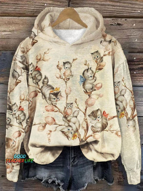 Cute Cats Christmas Trees Print Casual Sweatshirt