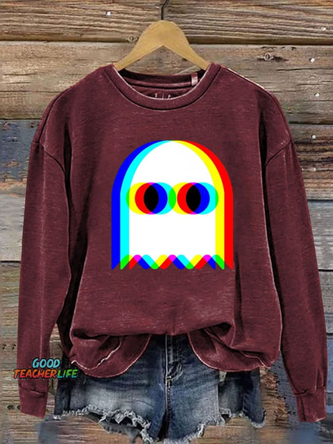 Ghost Trippy Vaporwave Halloween Techno Rave EDM Party Print Casual Long Sleeve Sweatshirt