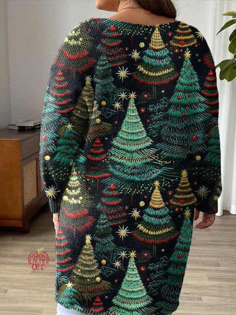 Women's Lovely Christmas Tree Art Print Casual Pullover Sweater Dress