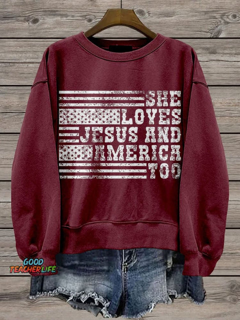 Retro USA She Loves Jesus And America Too Casual Print Sweatshirt