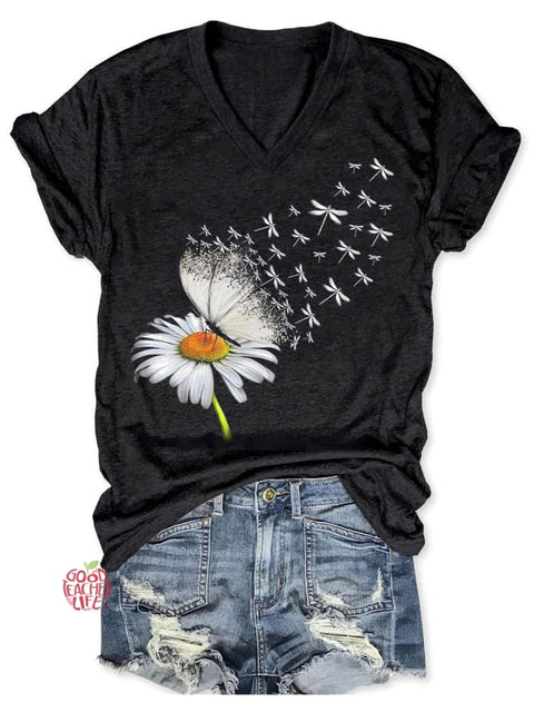 Flower Dragonflies Art Casual T-shirt