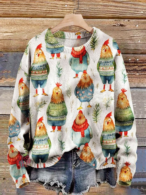 Cute Chickens in Sweaters  Art Print Knit Pullover Sweater