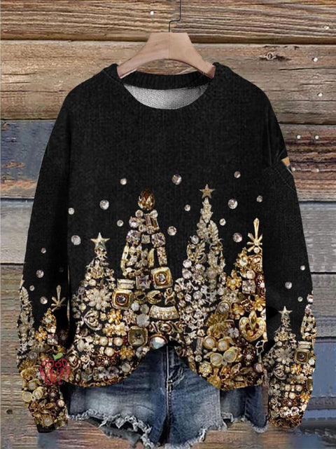 Christmas Tree Jewelry Art Pearls Print Knit Pullover Sweater