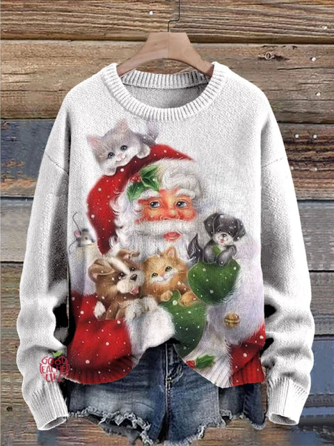 Christmas Santa Claus Dog Cat Funny Cute Shiny Print Knit Pullover Sweater