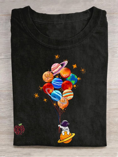 Space Balloon Astronaut Space Teacher Casual Print T-shirt