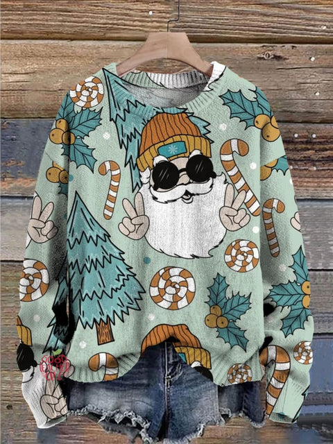 Christmas Cute Santa Claus Art Pattern Print Casual Knit Pullover Sweater