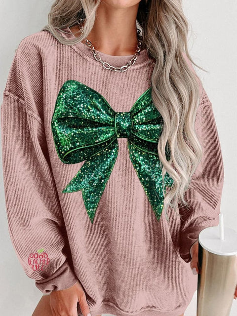 Green Christmas Glitter Bow Print Women's Casual Sweatshirt