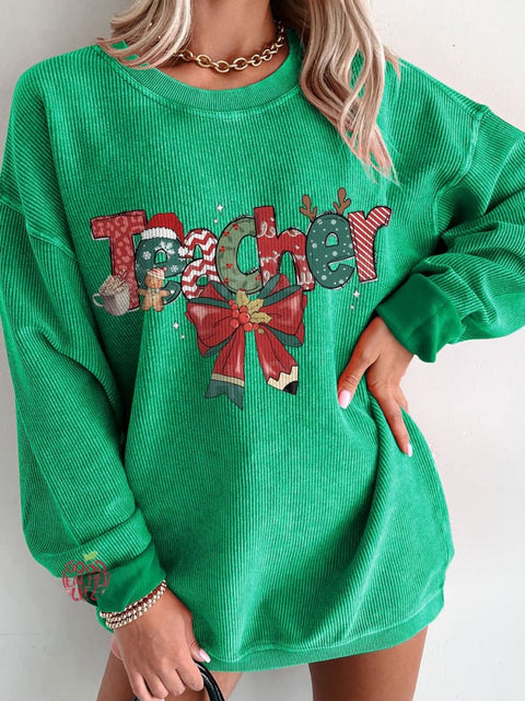 Women's Christmas Teacher Casual Print Corduroy Sweatshirt