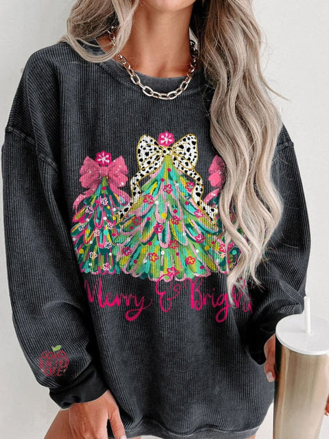 Christmas Merry and bright christmas tree coquette Women's  Casual Print Corduroy Sweatshirt