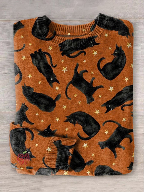 Retro Halloween Black Cat Print Knit Pullover Sweater