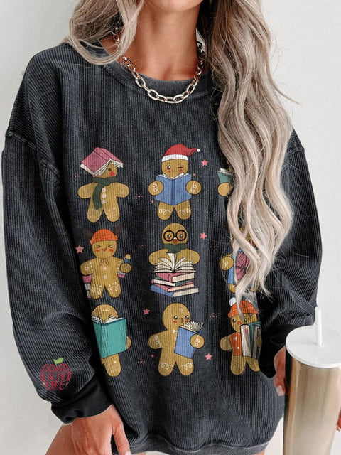 Christmas Teacher Gingerbread Women's  Casual Print Corduroy Sweatshirt