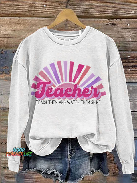 Retro Bright Pink Sun Hot Casual Print Sweatshirt