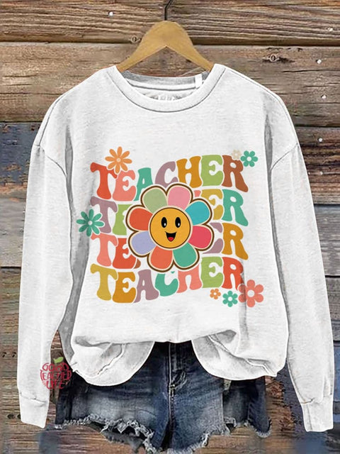 Groovy Teacher Casual Print Sweatshirt