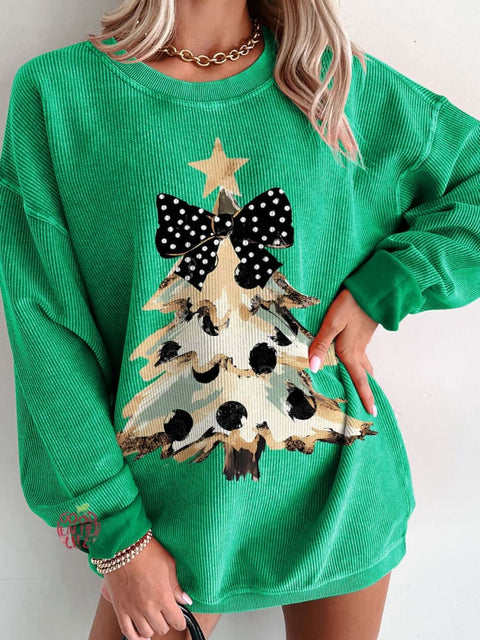 Women's Camo Coquette Bow Christmas Tree Casual Print Corduroy Sweatshirt