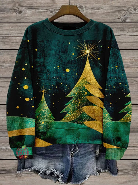 Green Gold Christmas Tree Casual Print Sweatshirt